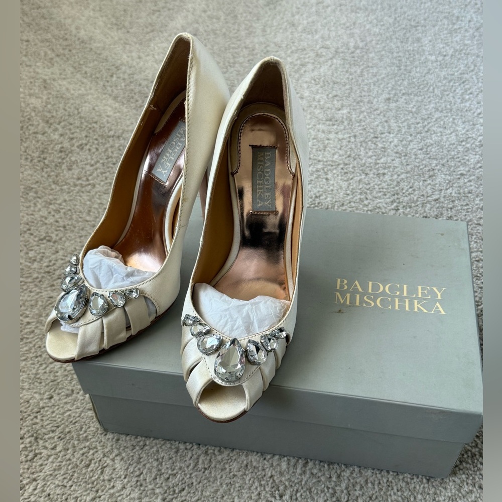 Badgley Mischka My glass Slipper Caroline white cream pumps heels peep toe 7